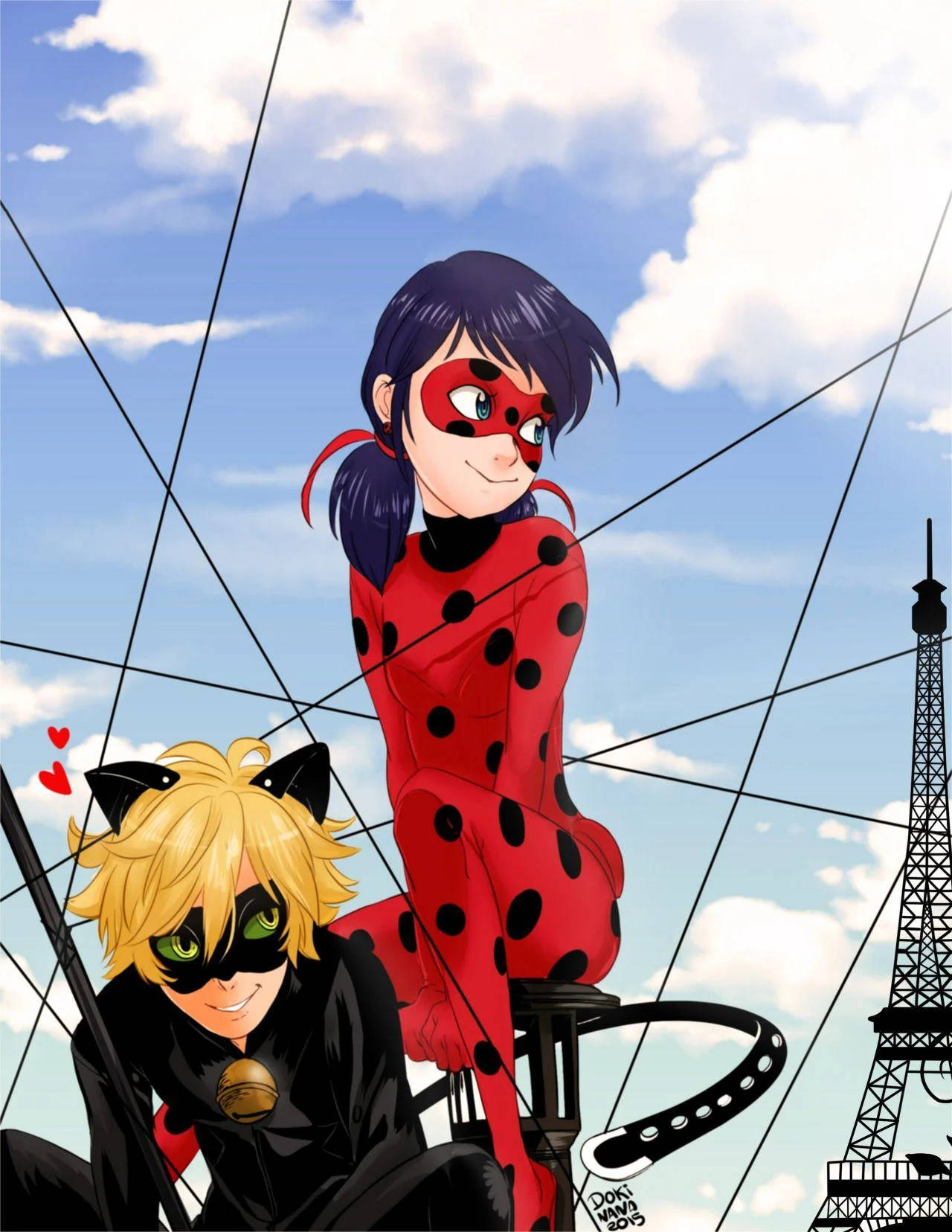 Cute Ladybug And Cat Noir Near Eiffel Tower Wallpaper