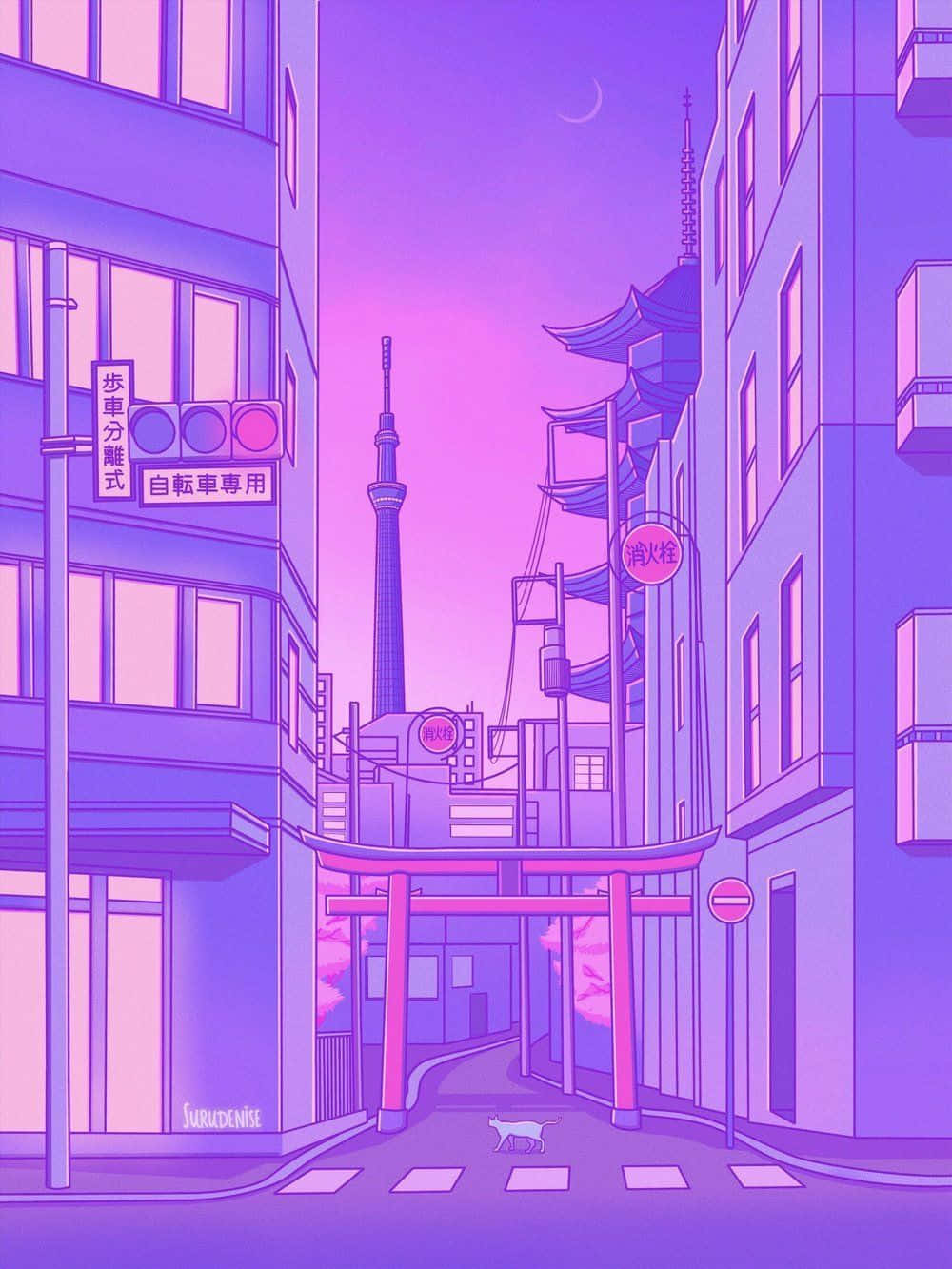 Cute Purple Aesthetic City With Torii Gate Wallpaper