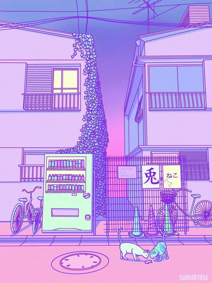 Cute Purple Aesthetic Street Cat Pixel Art Wallpaper
