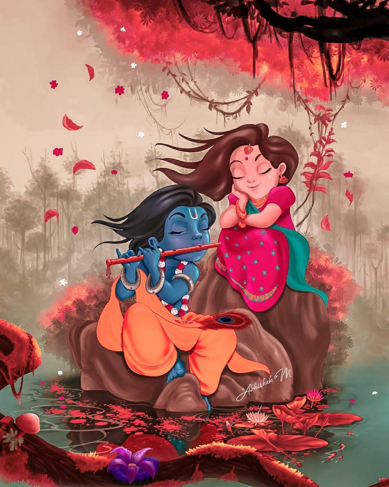 Cute Radha-krishna Dark Red Art Wallpaper