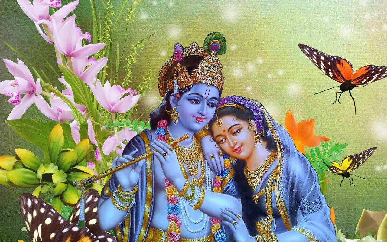 Cute Radha Krishna Flowers And Butterflies Wallpaper