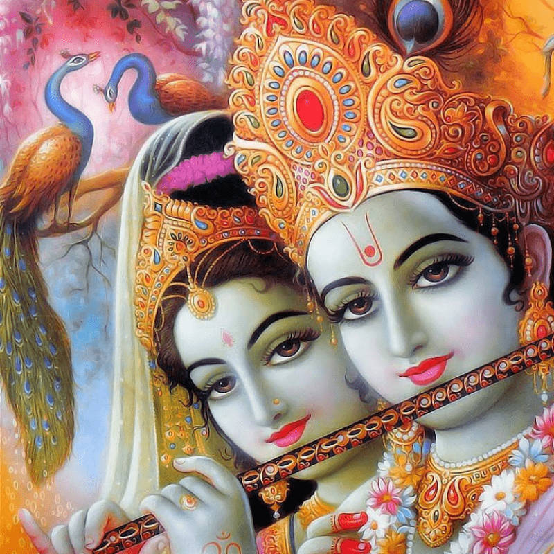 Cute Radha Krishna Orange Crown Wallpaper