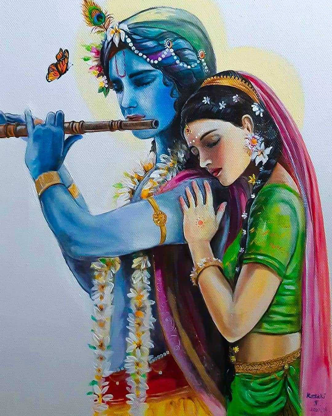 Cute Radha-krishna Playing Flute Wallpaper