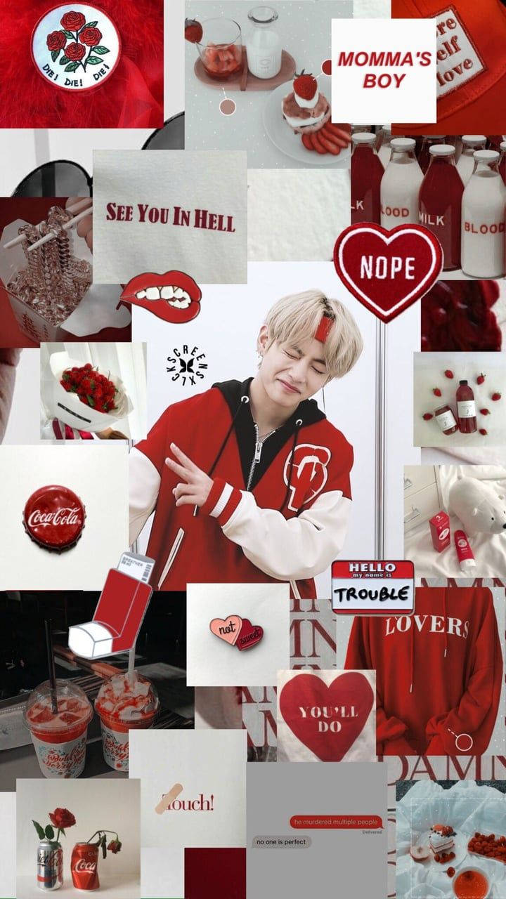 Cute Scrapbook Bts V Red Aesthetic Iphone Wallpaper