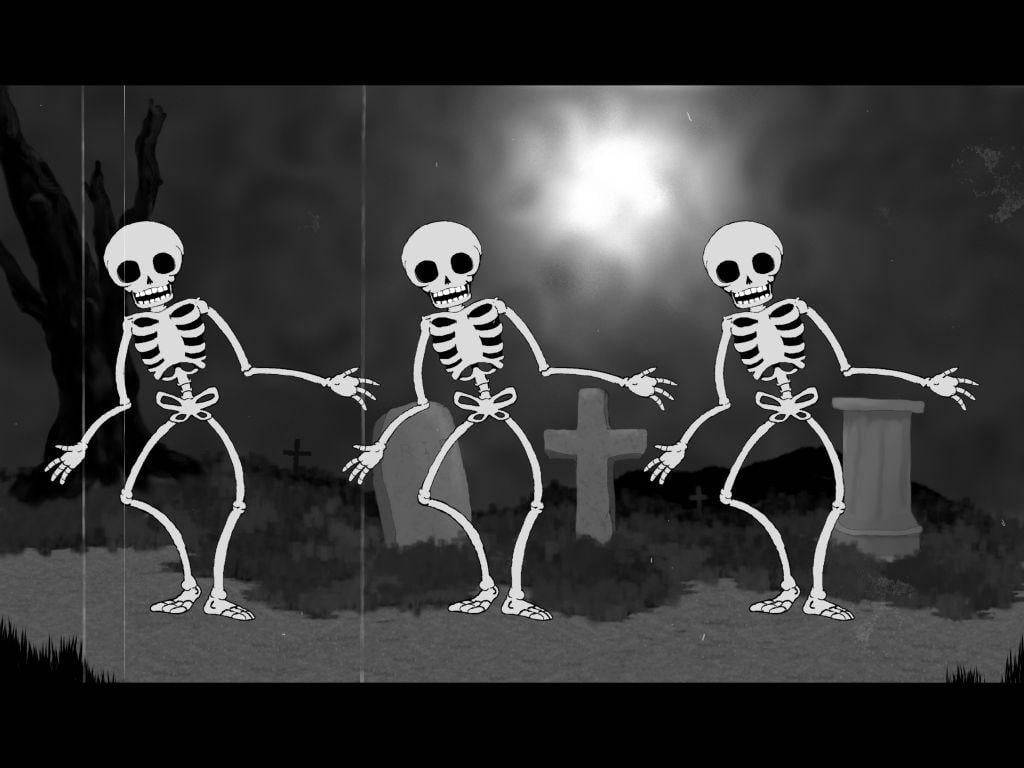 Cute Skeleton Trio Dancing In The Graveyard Wallpaper