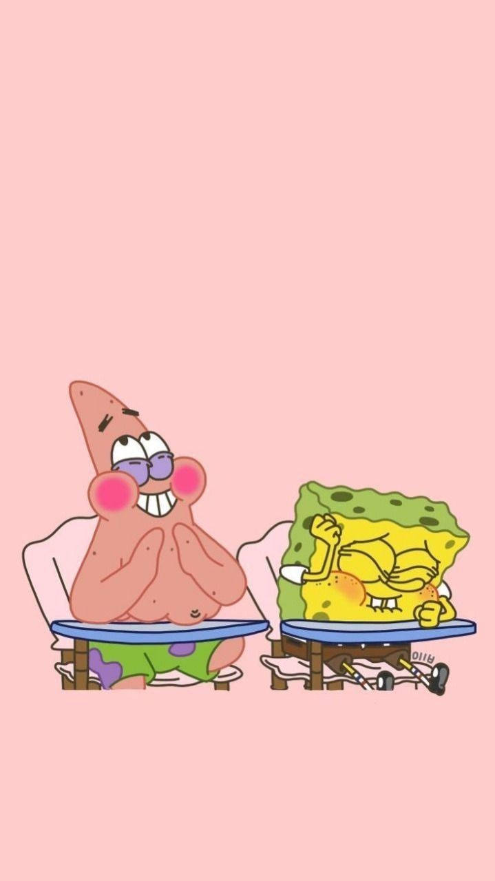 Cute Spongebob And Patrick Laughing In Driving School Wallpaper