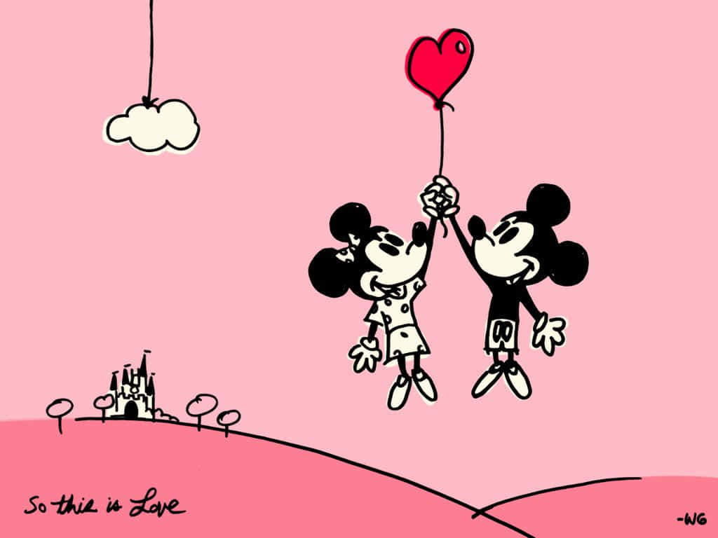 Cute Valentines Minnie And Mickey Pink Digital Drawing Wallpaper