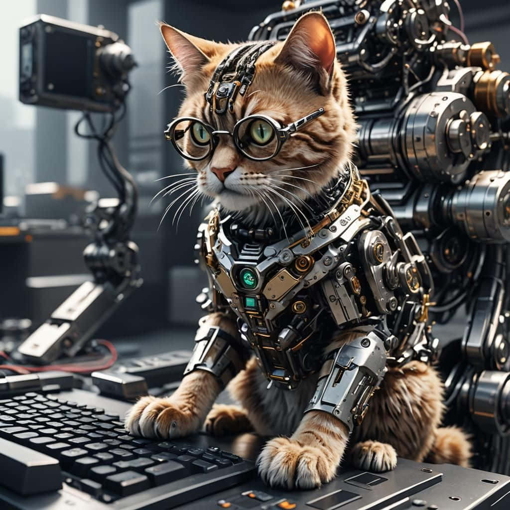 Cybernetic Cat Typingat Keyboard Wallpaper