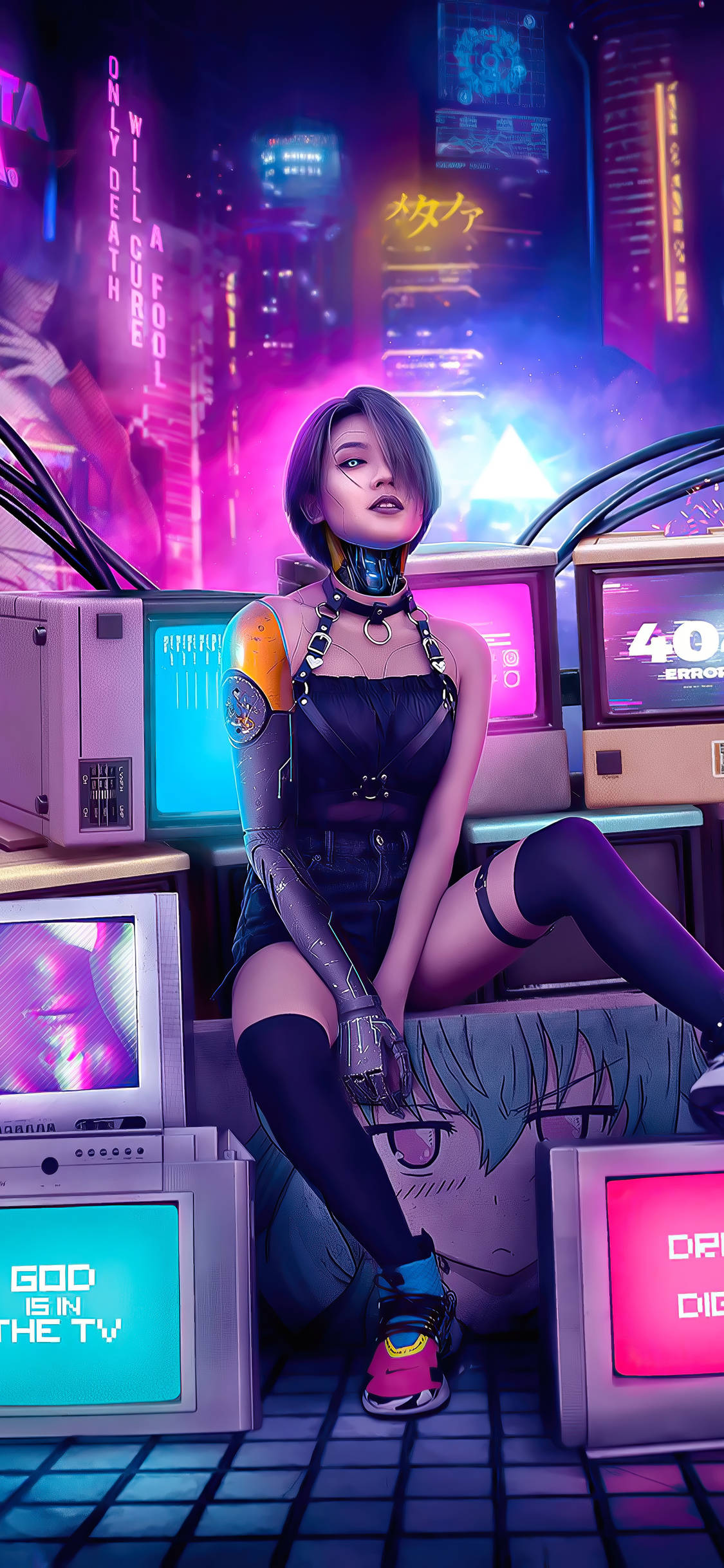 Cyberpunk Female On A Box Iphone Wallpaper
