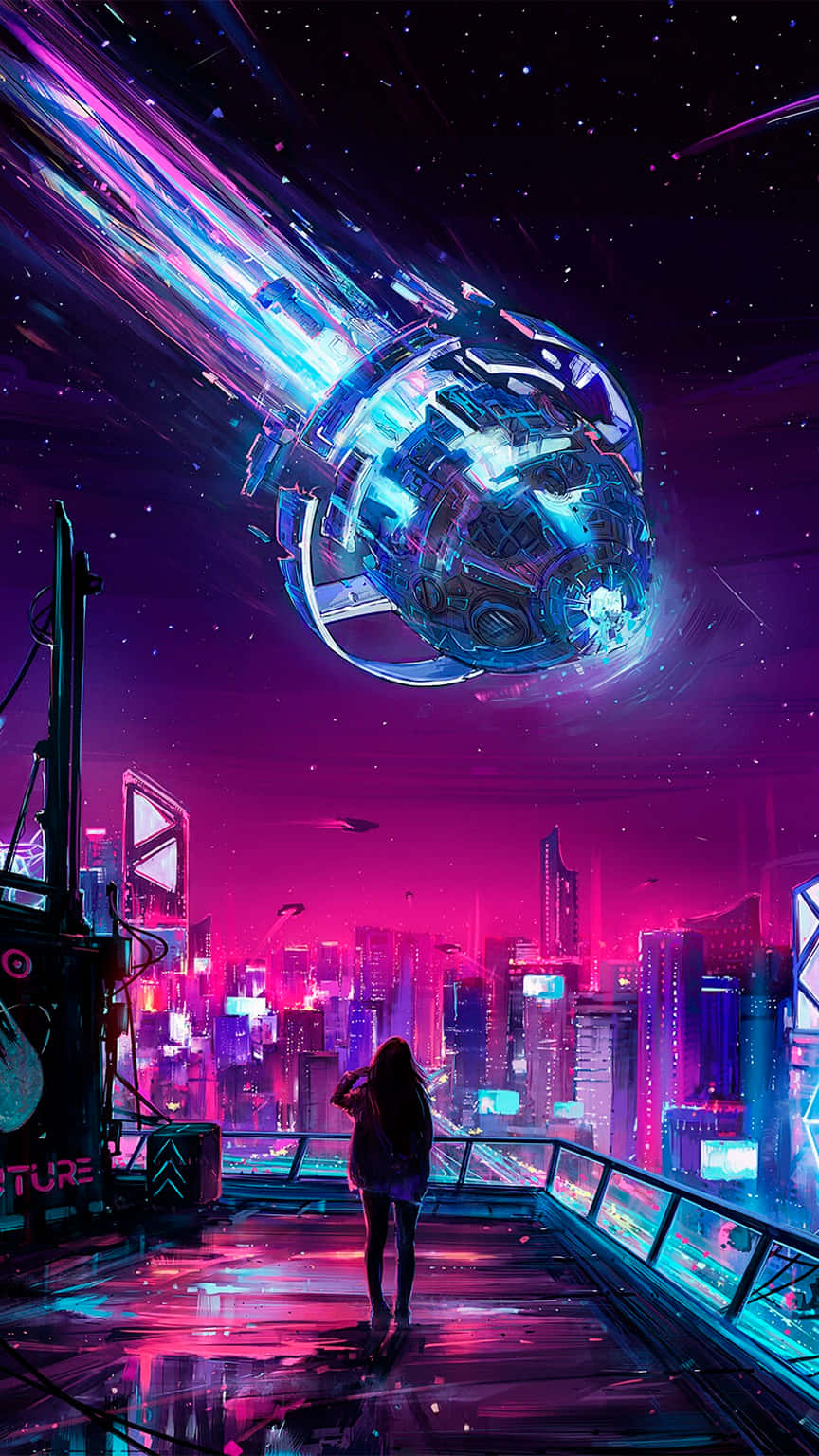 Cyberpunk Meteor Shower Over City Wallpaper