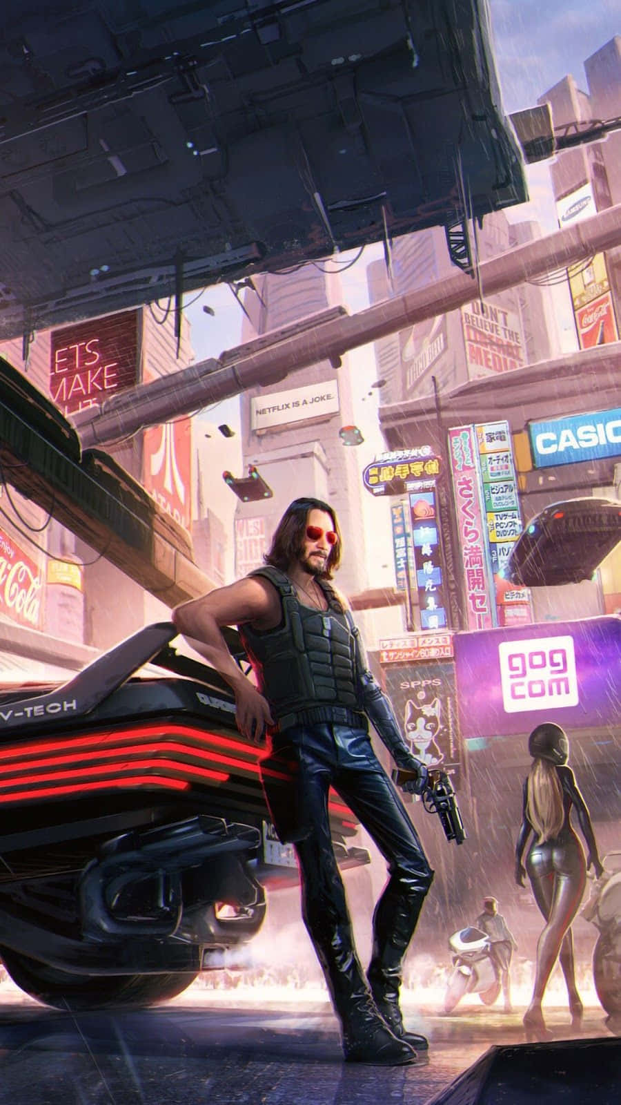 Cyberpunk2077 Characterand Futuristic Cityscape Wallpaper