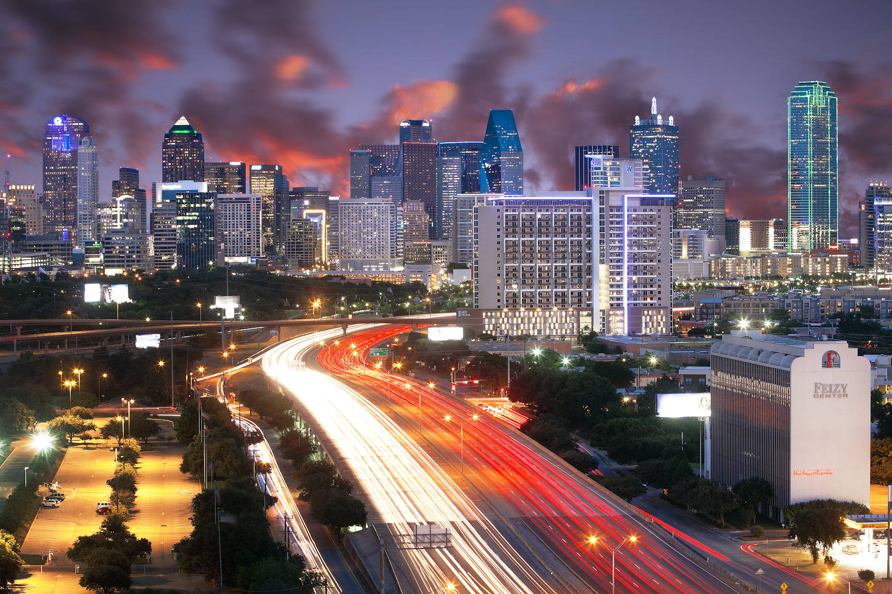 Dallas Skyline Orange And Gray Clouds Wallpaper