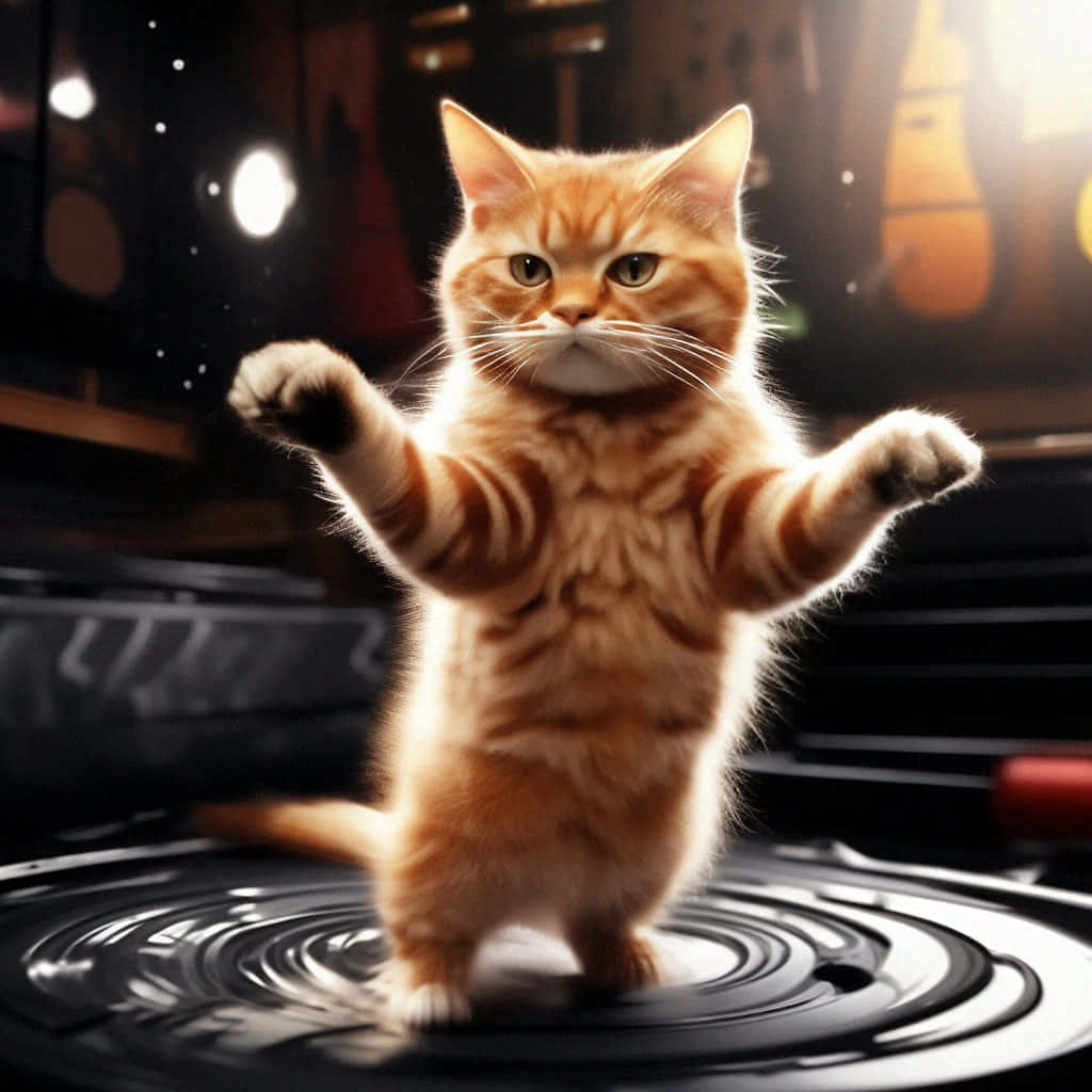 Dancing Orange Tabby Cat Vinyl Record Wallpaper