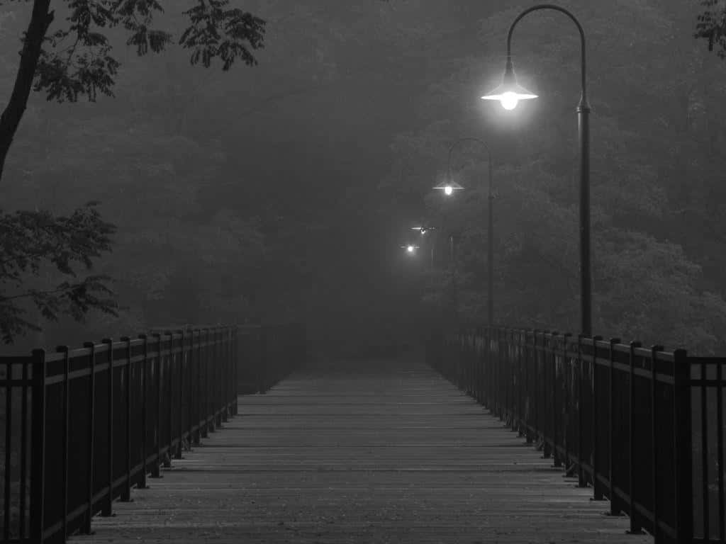 Dark Depressing Pathway With Dim Lamp Posts Wallpaper