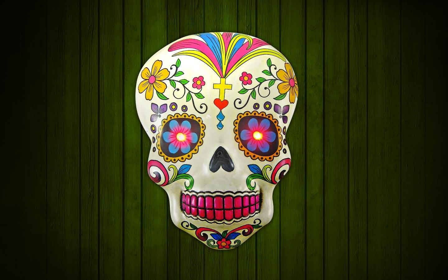 Dia De Los Muertos Skull Glowing Eyes Cross Wallpaper