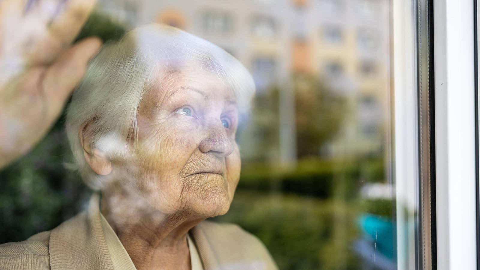 Dignified Aging: A Serene Elderly Woman Peering Through The Glass Wallpaper