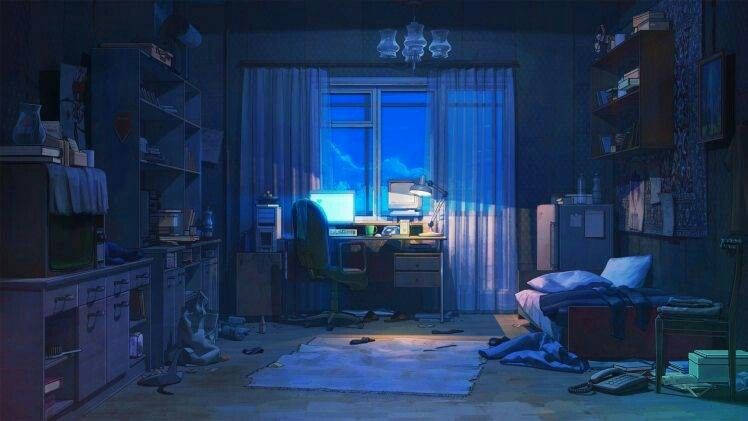 Dim Anime Room With Laptop Turned On Wallpaper