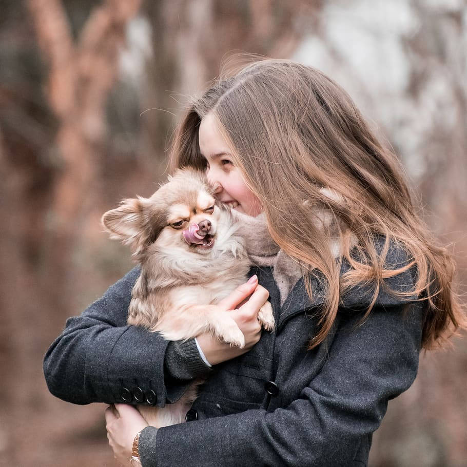 Dog And Girl Holding Embracing Wallpaper