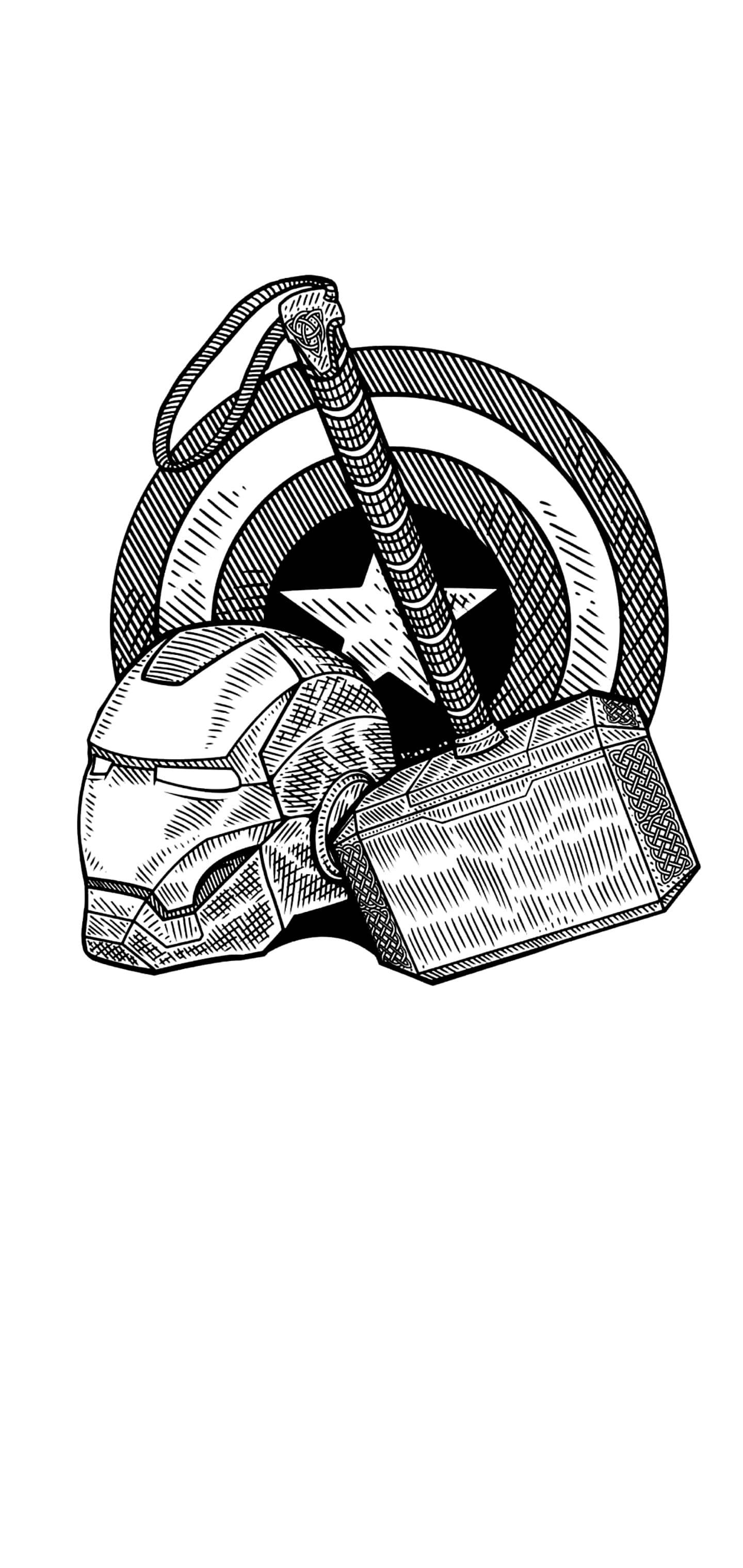 Dynamic Trio: Captain America’s Shield, Iron Man's Helmet, And Mjolnir On Iphone Wallpaper Wallpaper