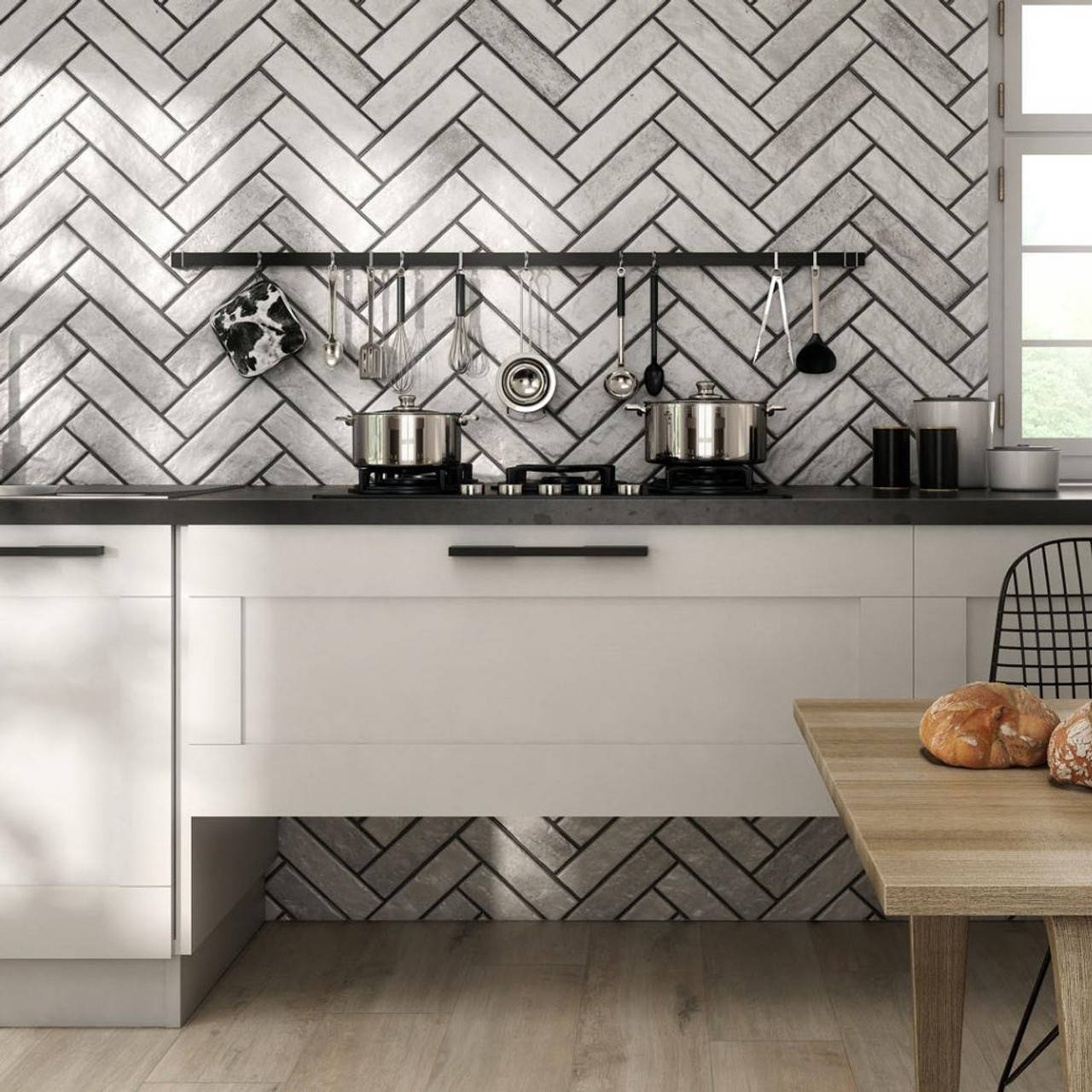 Elegant Black And White Floor Tiles With Wooden Accent Wallpaper