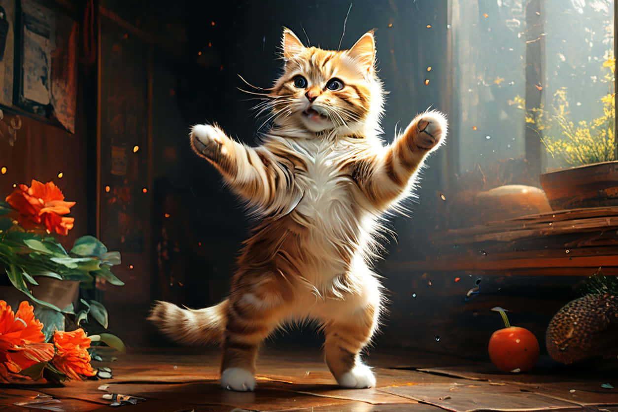 Elegant Dancing Cat Sunlit Room Wallpaper