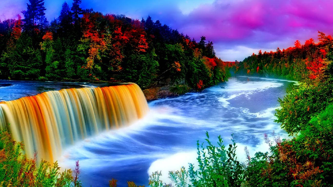 Enjoy The Marvelous View At This Waterfall Landscape Wallpaper