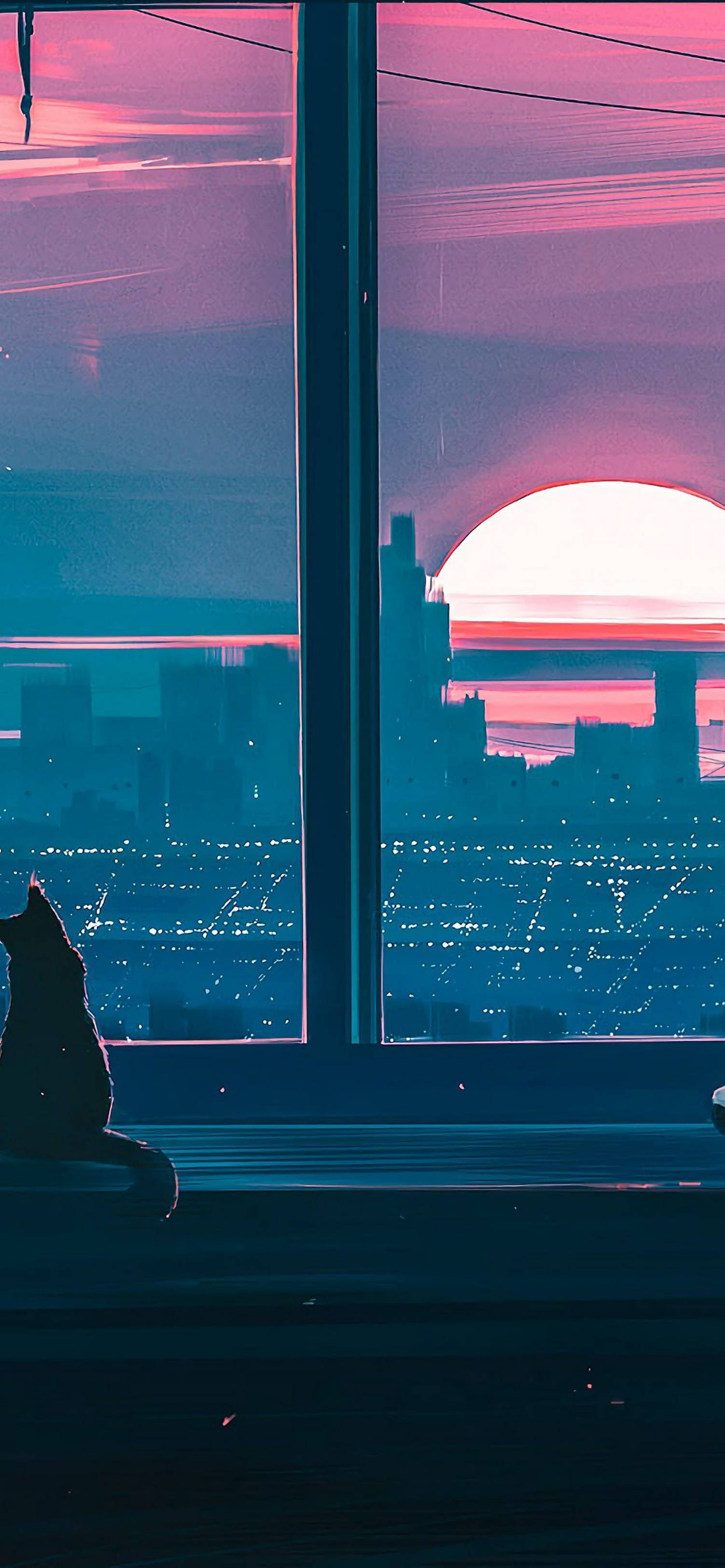 Entrancing Sunset Anime Aesthetics For Iphone - A Cat By The Window Wallpaper