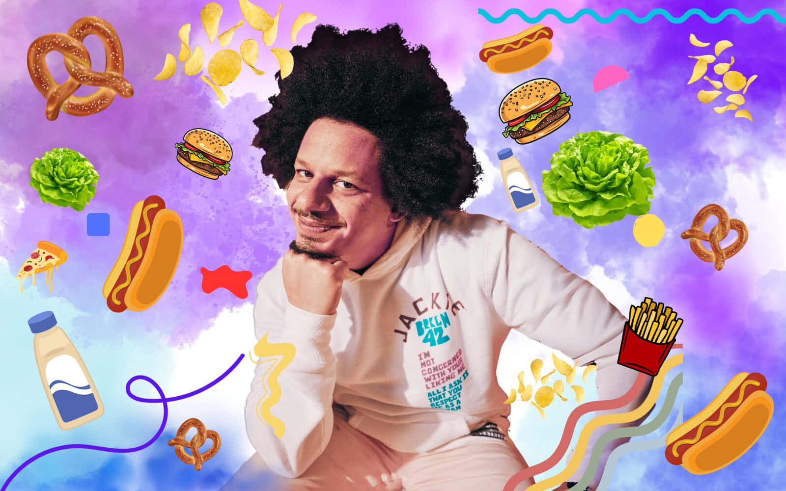 Eric Andre Surroundedby Food Fantasy Wallpaper