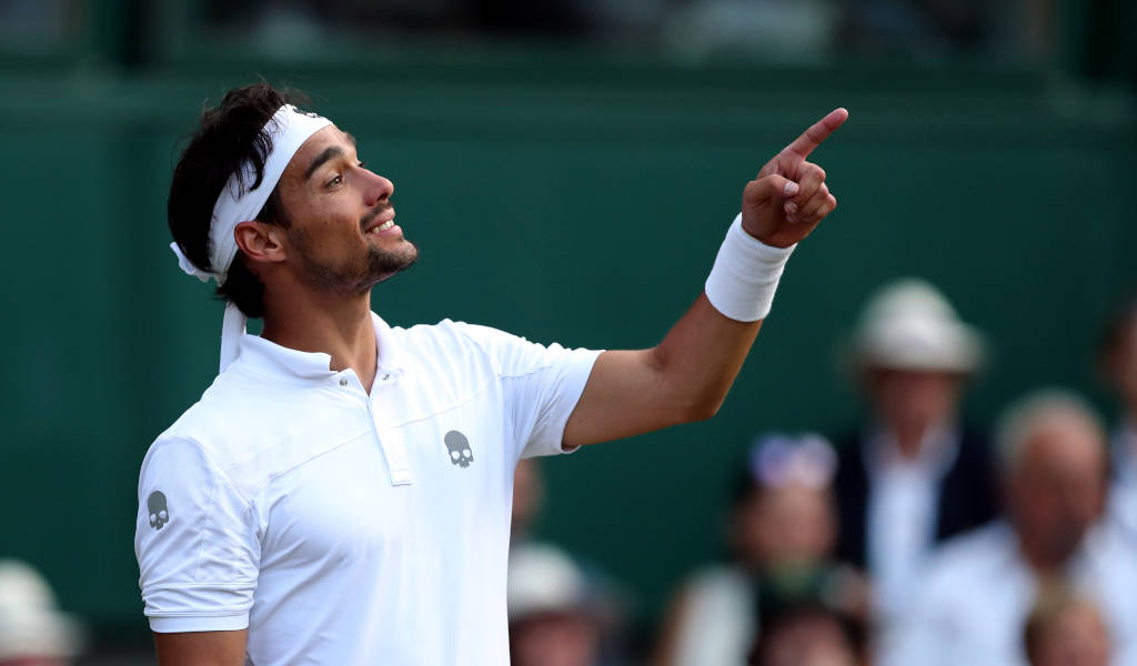 Fabio Fognini Assertively Pointing During A Match Wallpaper