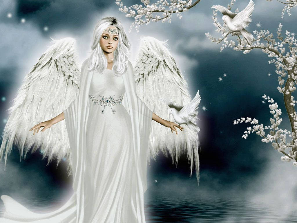 Female Angels In Heaven Birds Flowers Wallpaper