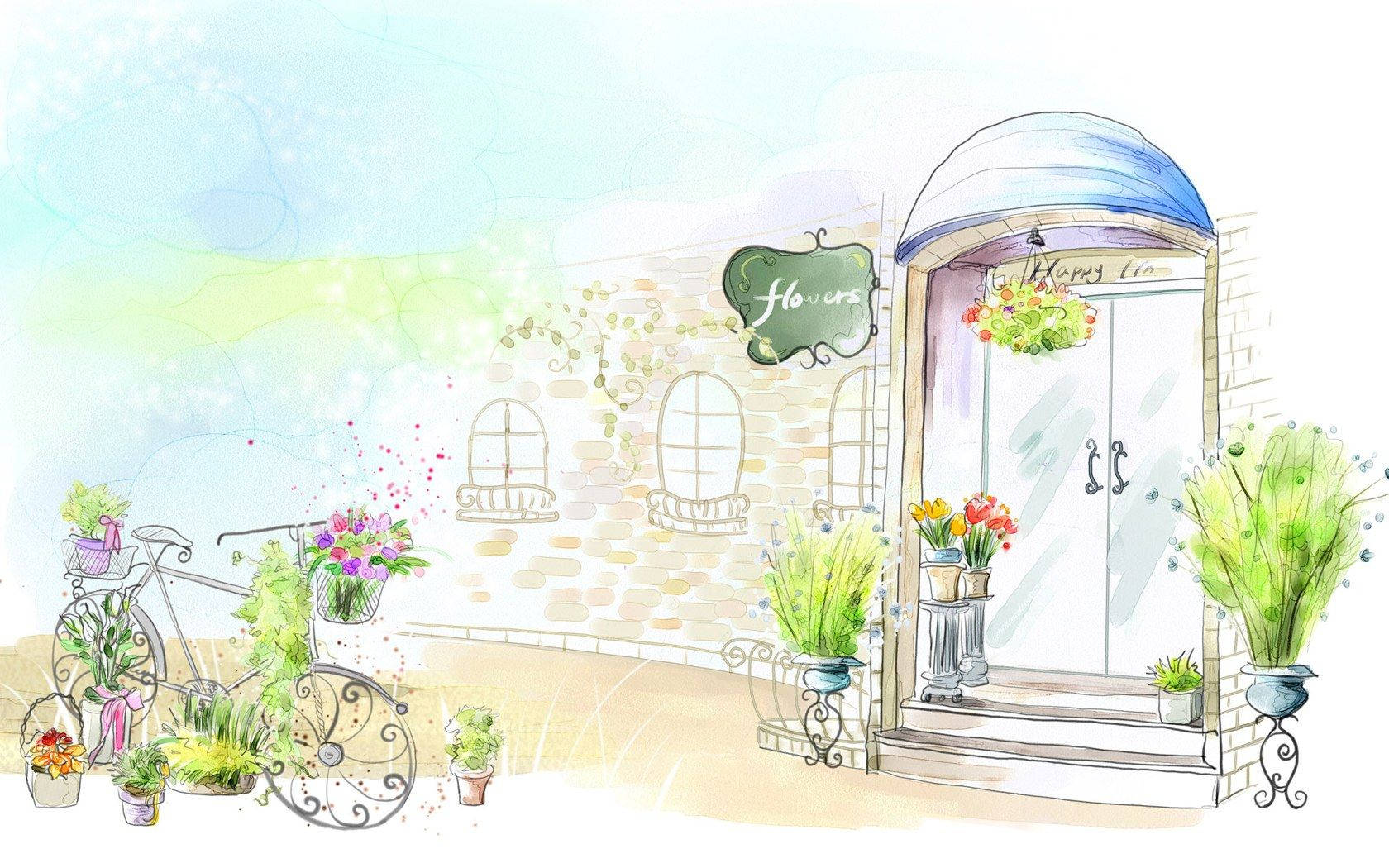 Flower Shop Art Drawing Wallpaper