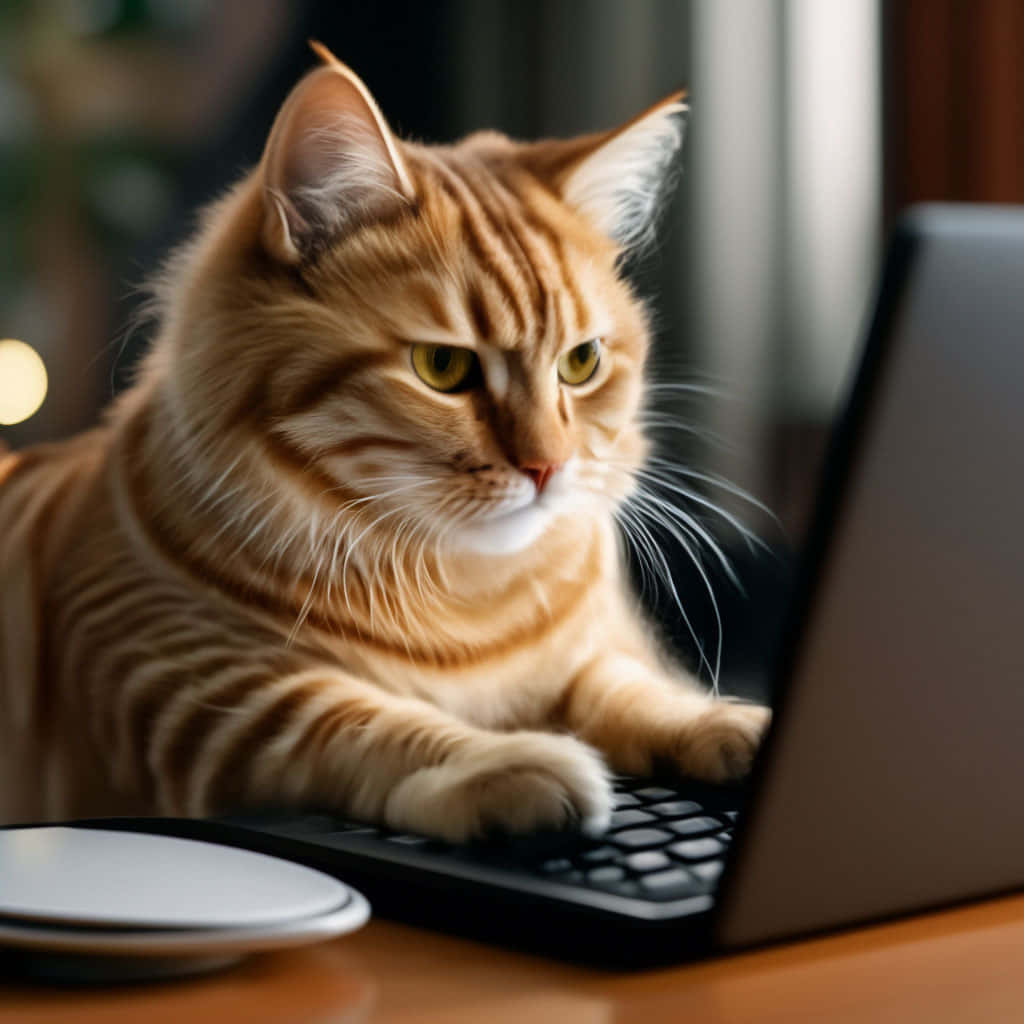 Focused Cat Using Laptop Wallpaper