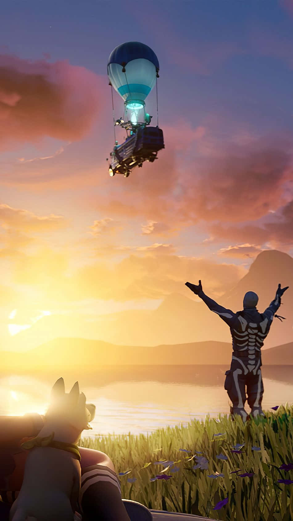 Fortnite - A Man Is Flying A Balloon Over A Lake Wallpaper