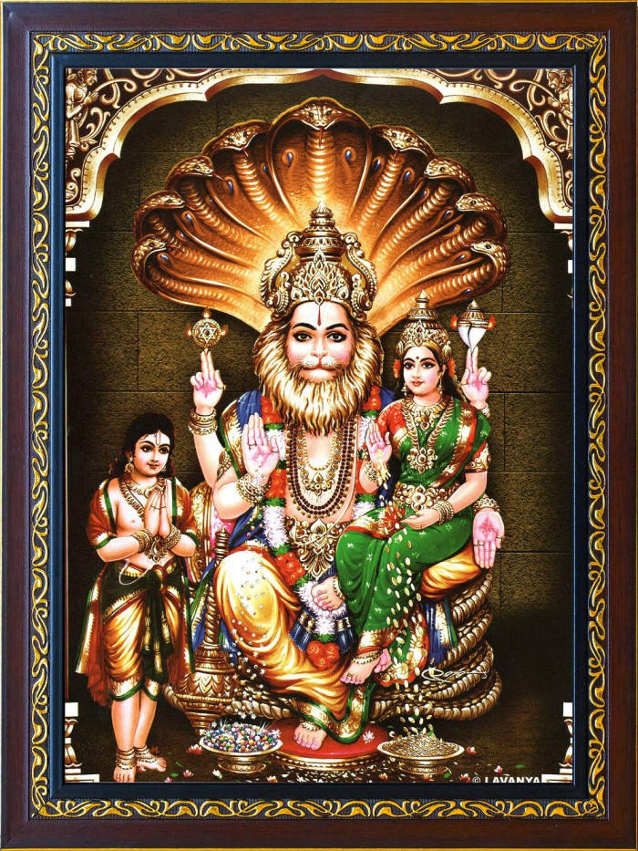 Framed Narasimha And Lakshmi With Child Wallpaper