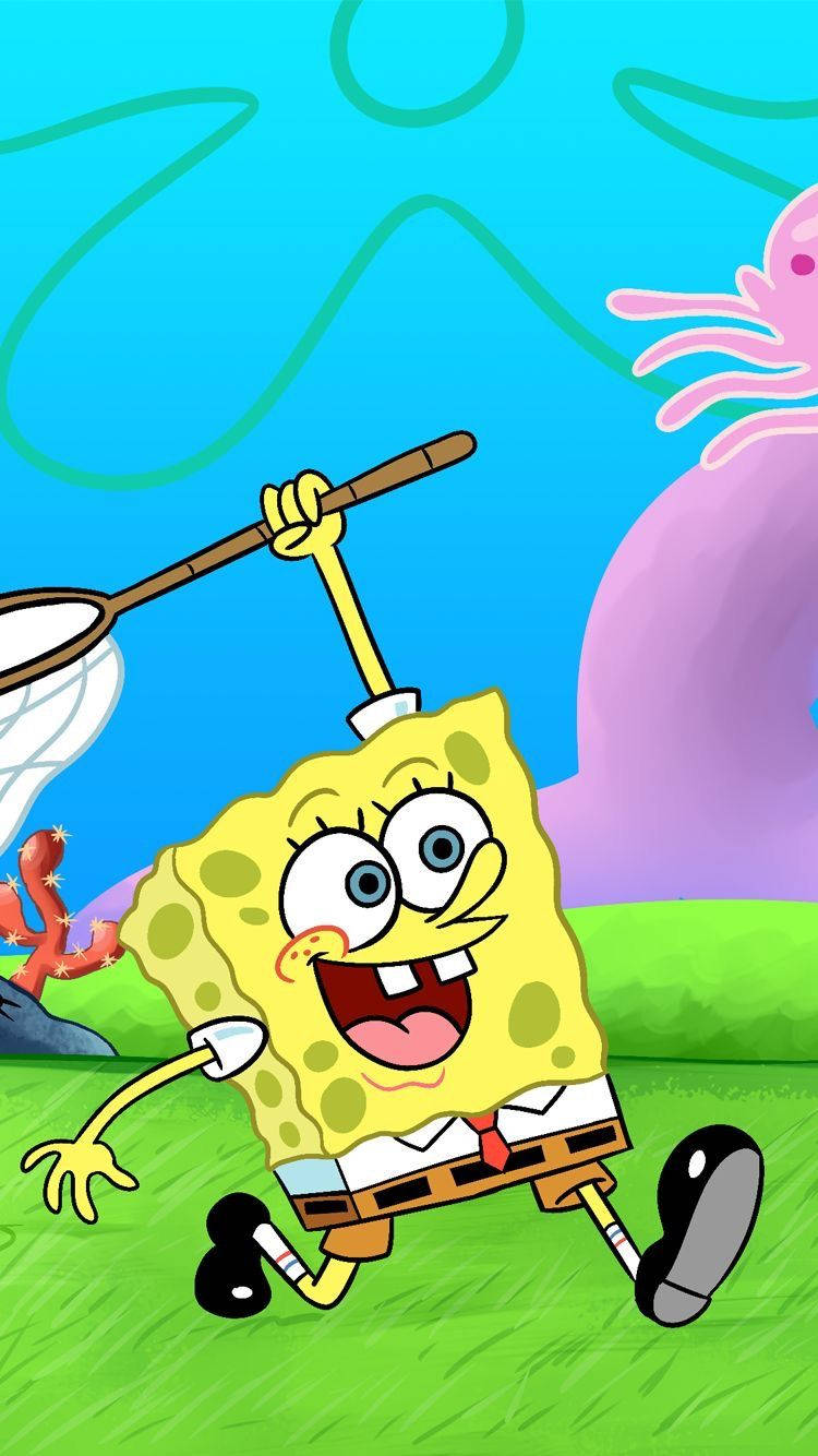 Funny Spongebob With Jellyfish Net Wallpaper