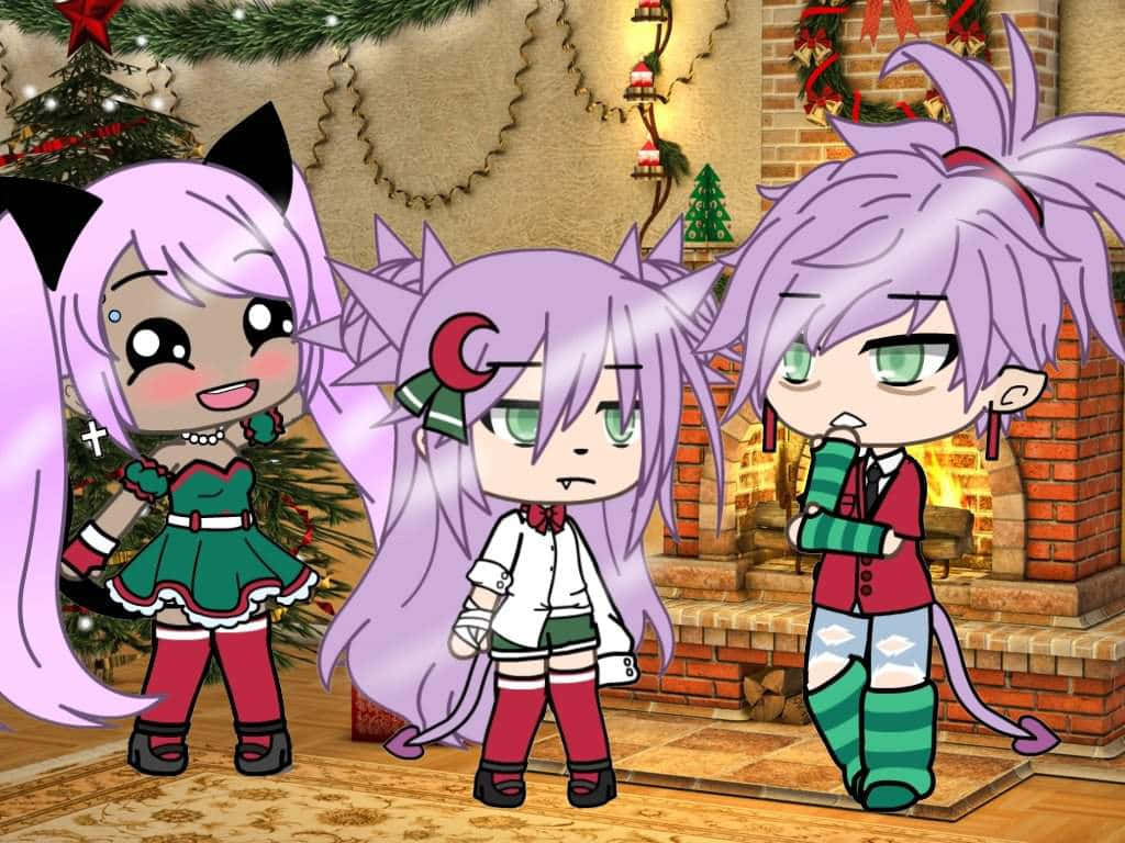 Gacha Life Cute Three Purple-haired Girls Wallpaper
