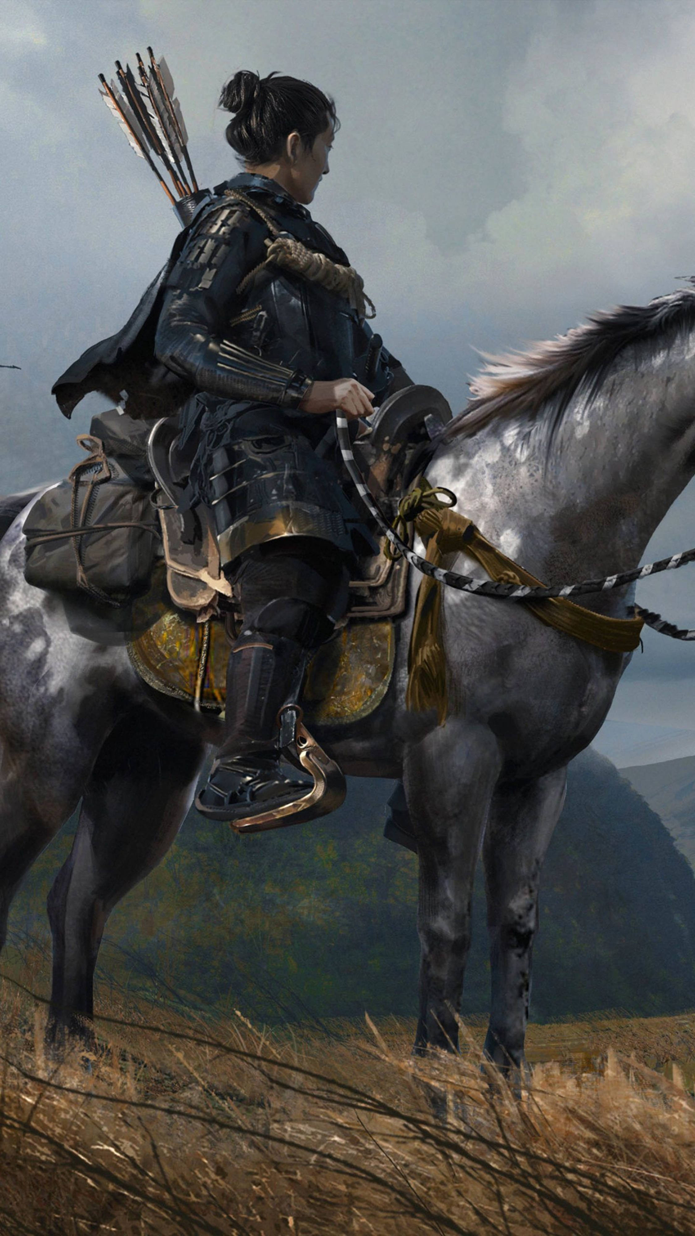 Ghost Of Tsushima Man Riding A Grey Horse 4k Wallpaper