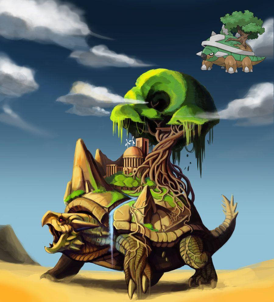 Giant Torterra Walking Through Desert Wallpaper