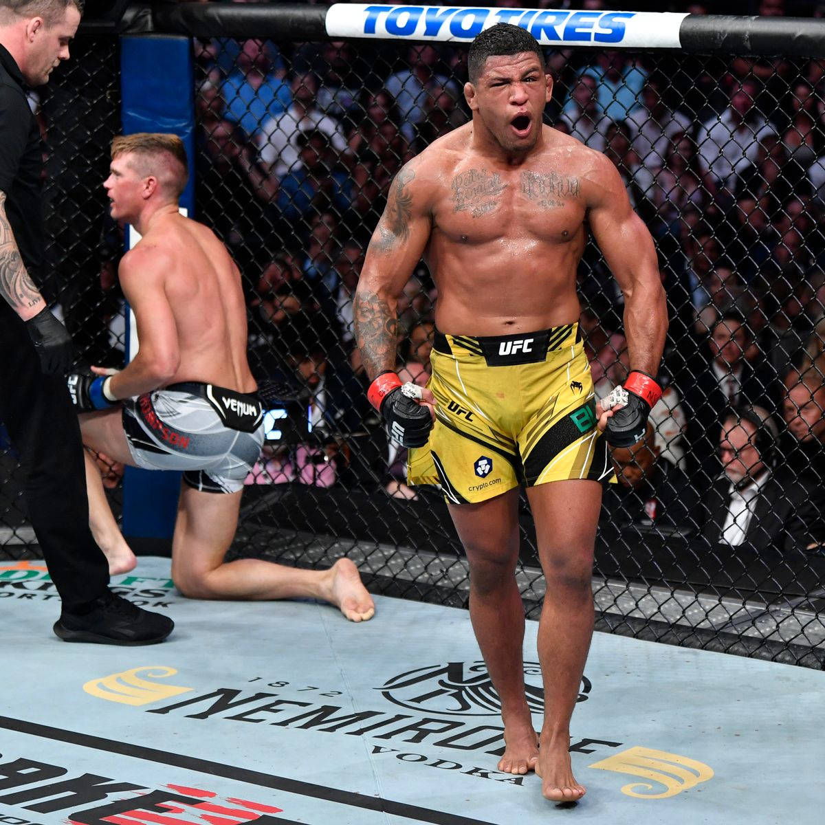 Gilbert Burns Celebrating Victory Over Stephen Thompson Wallpaper