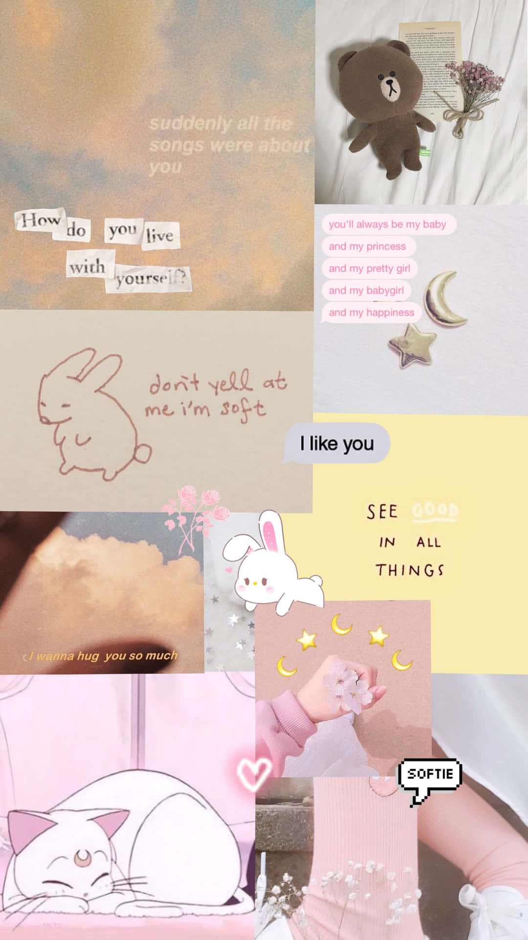 Girly Aesthetic Collage Rabbits And Cat Wallpaper