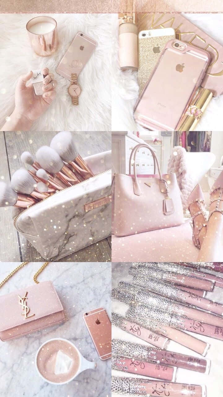 Girly Aesthetic Pink Collage Gadgets And Bags Wallpaper