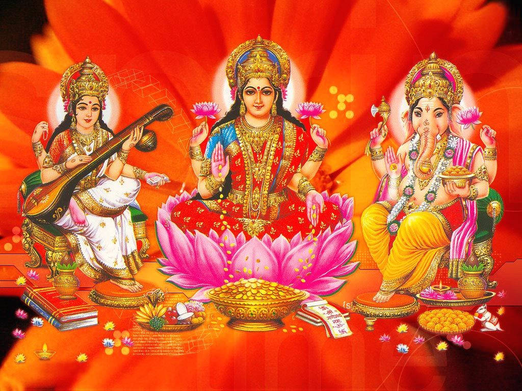 Goddess Lakshmi Saraswati Ganesh On Flower Hd Wallpaper