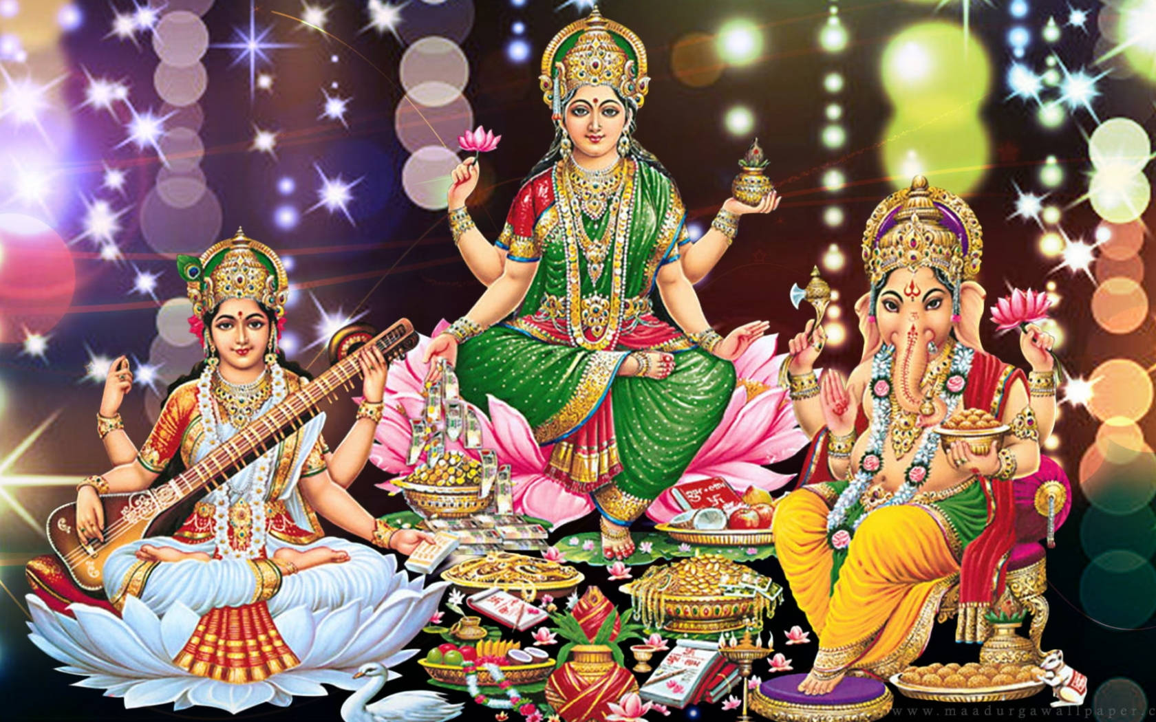 Goddess Lakshmi With Saraswati And Ganesh Hd Wallpaper