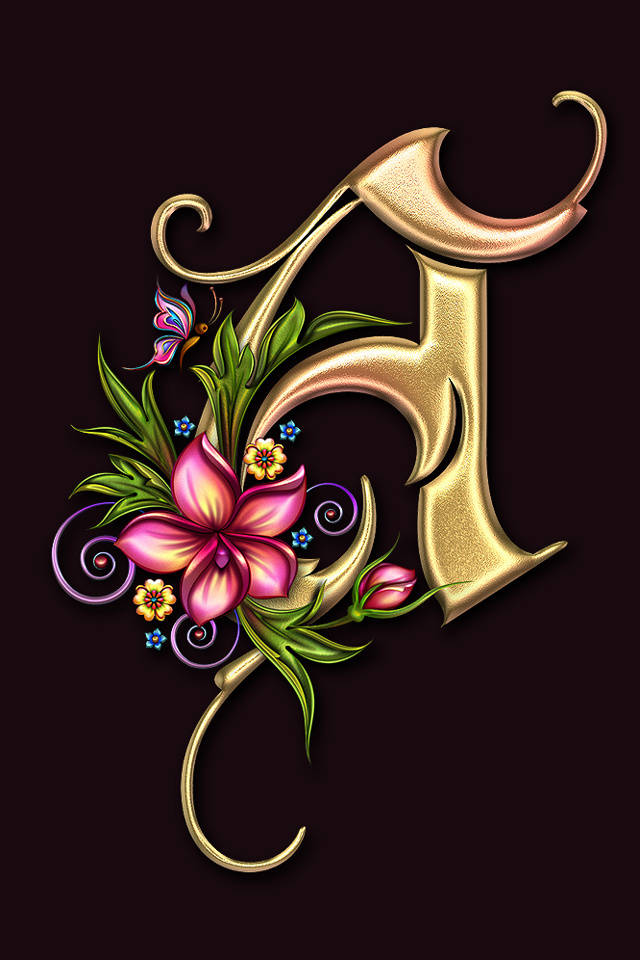 Gold Capital Alphabet Letter A With Blooming Flowers Wallpaper