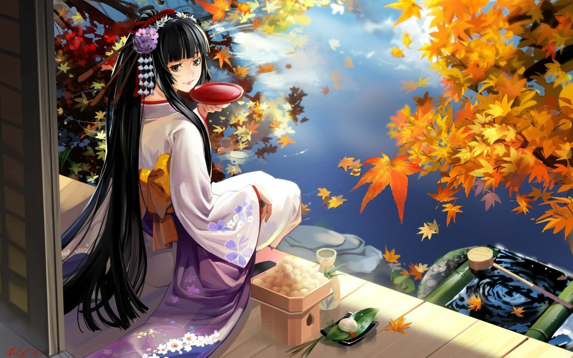 Good Anime Girl Kimono Maple Leaves Autumn Wallpaper