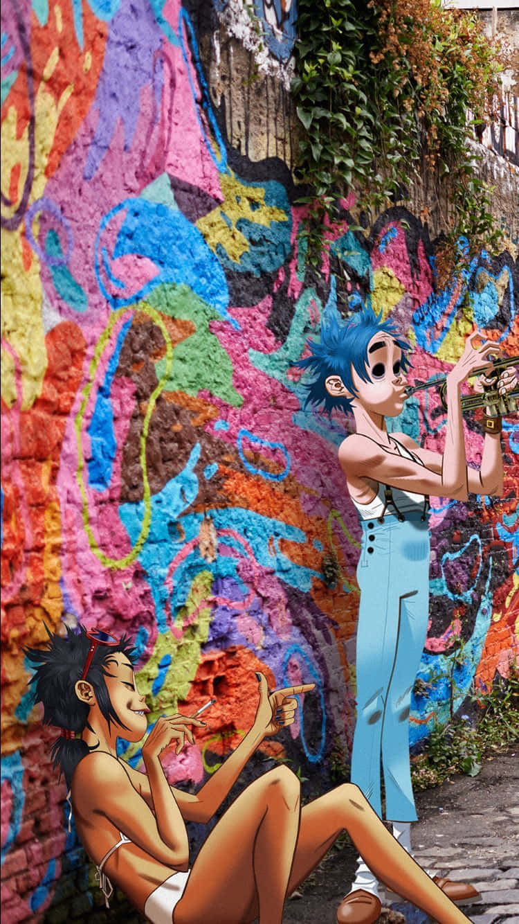 Gorillaz Iphone Noodle And 2d On A Street With Graffiti Wallpaper