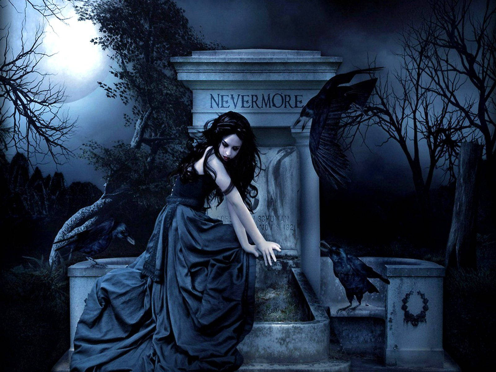 Gothic Girl At Nevermore Tomb Wallpaper