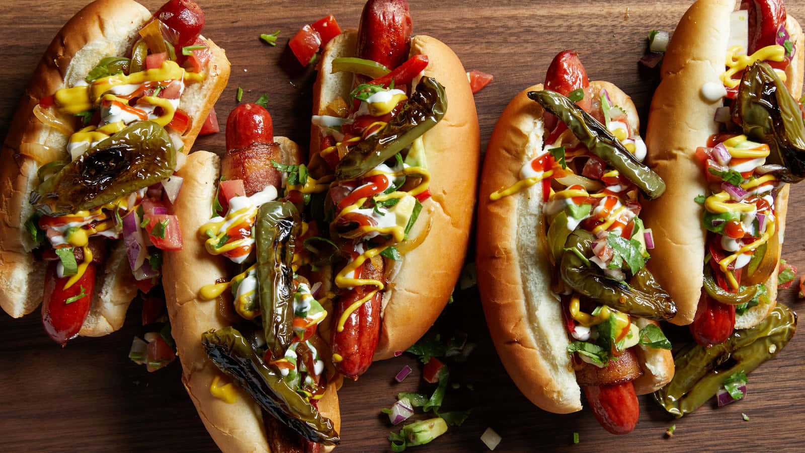 Gourmet Hot Dogs Top View Wallpaper