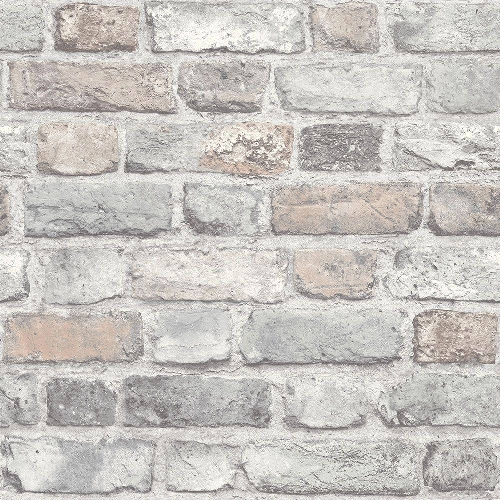 Gray Washed White Brick Battered Look Wallpaper