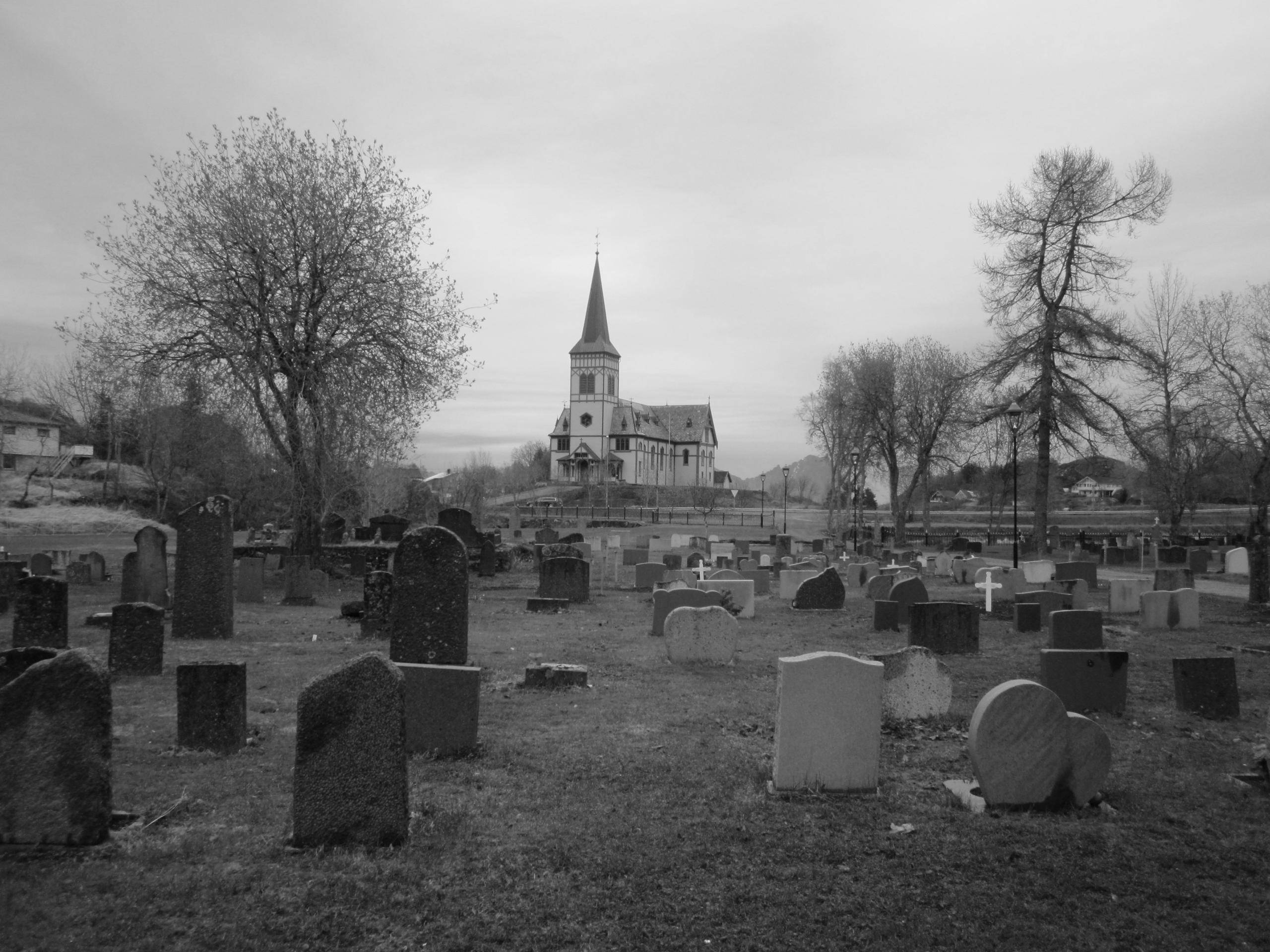 Grayscale Church Graveyard Wallpaper